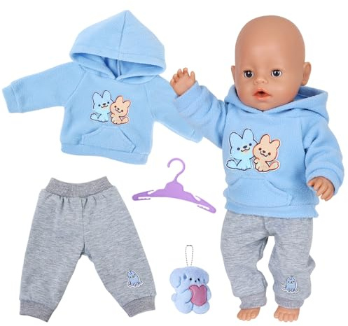Puppenkleidung für 12-18 Zoll Baby Puppen, Blaue Puppenkleidung 30-43cm mit Hoodie 1 Hose 1 Kleiderbügel 1 Plüsch Ornament für Puppenzubehör Kinder Geschenke Mädchen Jungen