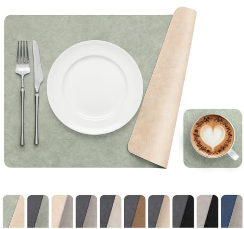 Banchif Platzsets abwaschbar Tischsets Untersetzer Platzdeckchen 6er Set | Tischsets abwaschbar Platzsets und Untersetzer Kunstleder hitzebeständig rutschfest Platzdeckchen (Beige Salbeigrün)
