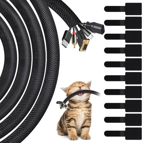 1/2-10Ft Black Cable Tidy Sleeve with 10 PCS Reusable Cable Ties, Cable Sleeve for Computer Wire Tidy, Cord Protector from Pets Chewing, Self-Wrapping Wire Loom Tubing - Flame Retardant