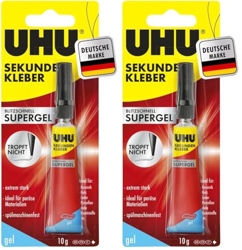 UHU Sekundenkleber extra stark | 10g Kleber Gel für präzises Kleben | Sekundenkleber Gel für Kunststoff, Metall, Holz, Keramik, Porzellankleber | Superkleber & Kunststoffkleber (Packung mit 2)