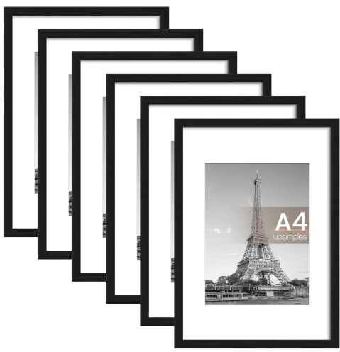 upsimples 6 Pack Bilderrahmen A4 Schwarz, Rahmen Set für Galeriewand | Leichter und Dünner, Einfach zu Montieren, Klassisch, Geeignet für Schlafzimmer, Wohnzimmer, Flur oder als Galeriewand