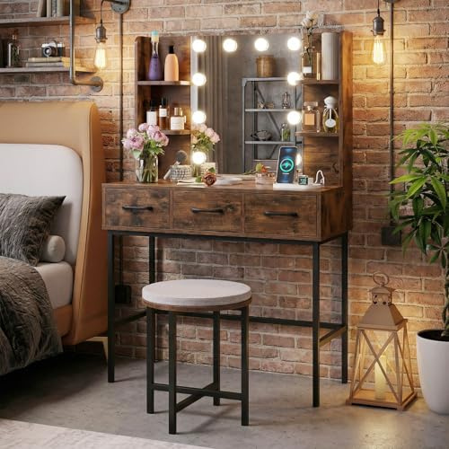 COSTWAY Dressing Table with Mirror and Stool, Makeup Table Vanity Desk Set with 10 Dimmable LED Bulbs, 3-Color Lights, Charging Station, 3 Drawers & Storage Shelves for Bedroom (Rustic Brown+Black)