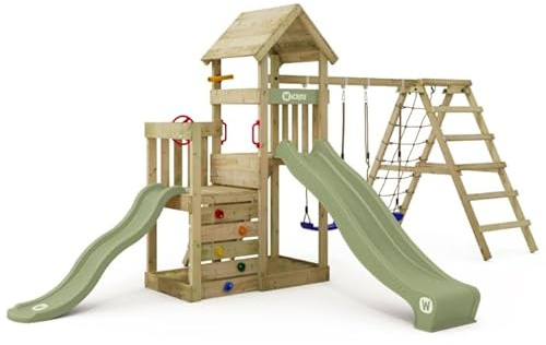 Wickey Torre de juego Skyflyer 120 y 90 con tobogán verde pastel y lona verde pastel – Dispositivo de juego con escalada para el jardín