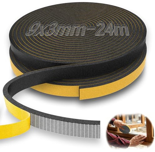 Mawmuaw 24m självhäftande tätningstejp 9x3 mm skumband mosgummi | Tejp 3 mm, självhäftande tätningstejp skumgummi svart, köldskydd, fönstertätning, högtalare, keramikfält