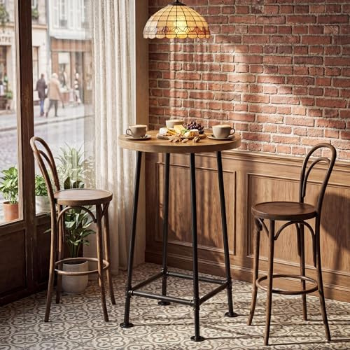 Tribesigns Round Bar Table, 95cm Tall Modern Bistro Pub Table, Wooden Breakfast Table with Metal Base for Dining Room, Coffee Shop, Bar, Party, Kitchen, Easy Assembly, Brown (No chairs)