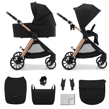 Kinderkraft VESTO 2 Kombibarnvagn, 2-i-1, buggy och babybadkar, från födseln upp till 22 kg, båda sidor, vikbar självställning, fjädringssystem, resesystem, svart