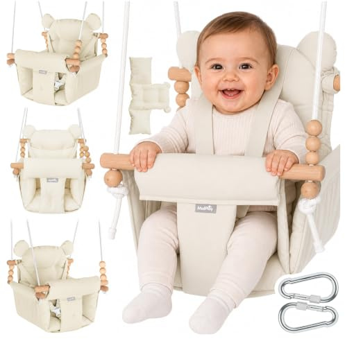 MalPlay 2-in-1 Kinderschaukel Babyschaukel für Kinder 12–36 Monate mit 5-Punkt-Gurt MALO Wave - Schaukelsitz & Hängematte aus 100% Baumwoll-Canvas, Buchenholz, Indoor & Outdoor, Beige Weiß
