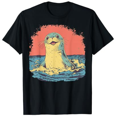 Happy Seal Surfing Waves Vintage Ocean Life Graphic T-Shirt
