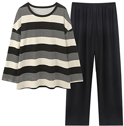 Nattkläder, damset, lång, bekväm hemmadräkt, 2 delar, stora storlekar | Tvådelade nattkläder med randiga pyjamasöverdel och enfärgade pyjamasbyxor, mode, hemmakläder, ledig vardagsklädsel