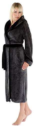 LEVERIE Lunga vestaglia invernale donna in pile con cinturino e tasche, Mod. 1 grigio scuro/nero, XXL
