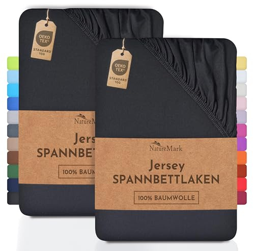 NatureMark 2er Pack Jersey Spannbettlaken, Spannbetttuch 100% Baumwolle in vielen Größen und Farben MARKENQUALITÄT ÖKOTEX Standard 100 | 90 x 200 cm - 100 x 200 cm - schwarz