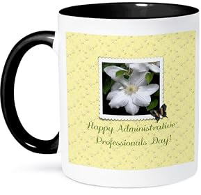3dRose Administrative Professionals Day, Clematis, Scalloped Frame, Butterfly 11oz Two-Tone Black Mug