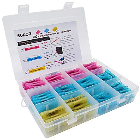 Heat Shrink Butt Connectors Kit SUNOR Insulated Waterproof Marine Wire Connectors Butt Connectors Crimp, 200 Pcs 10-22 AWG with case (Heat Shrink Wire Connector)