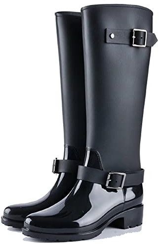 tqgold Gummistiefel Damen Langschaft Festival Hoch Regenstiefel mit Reißverschluss Absatz Leicht Modern Eva Wellington(Schwarz,Größe39)