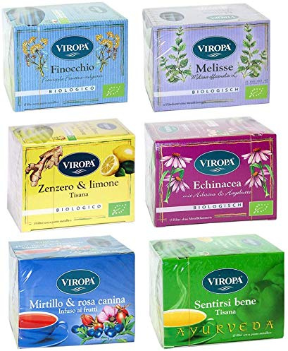 Viropa - Pacchetto BENESSERE - 6 confezioni di infusi e tisane da 15 filtri: Ayurveda, Finocchio, Melissa, Zenzero e Limone, Echinacea, Mirtillo e Rosa Canina + in OMAGGIO 2 Tisane Funzionali Viropa