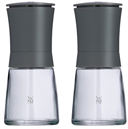 WMF Trend Mühlenset 2tlg, Salz- und Pfeffermühle unbefüllt, Glasbehälter, Keramikmahlwerk, Mühle für Salz, Pfeffer, Gewürze, grau
