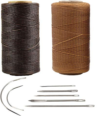 Nsiwem Gewachstes Ledergarn 2 Stück Wachsfaden Flache Ledernähen Gewachst Naehfaden Wachs Schnurcord 260 M 1mm 150D mit 7pcs Lederne Hand Nähen Nadeln für DIY Leder Nähen Handwerk