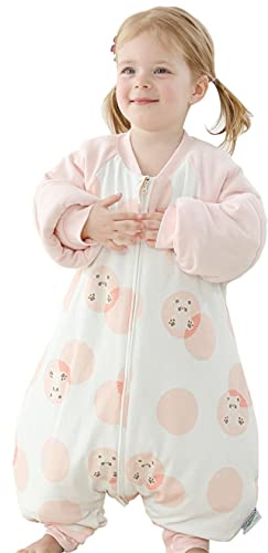 Chilsuessy Baby Winter Schlafsack mit Füßen, 100% Bio Baumwolle mit Naturfasern, 2.5 Tog Ganzjahres Kinder Schlafsack mit Beinen,abnehmbar Ärmel, Rosa Bär, L/Baby Höhe 90-100cm
