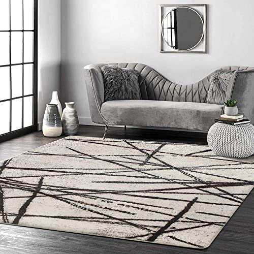 Leesentec Teppich Wohnzimmer Moderner Künstlerischer Teppiche Waschbar Kurzflor rutschfest Orientteppiche Raummatte (Beige/Gestreift Schwarz, 200 x 250 cm)