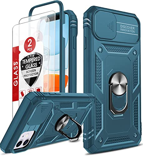 LeYi for iPhone 11 Cases with Slide Camera Cover and 2 Tempered Glass Screen Protector, Ring Stand Holder Full Body Protective Thin Heavy Duty Shockproof Silicone Tough Hard Armor Phone Case,Sea Blue | 2 Tempered Glass Screen Protector, Ring StHolder, 360 Full Body Tough Armour Cover Hard Heavy Duty Case for i Phone 11
