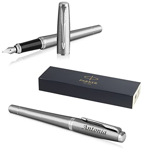 PARKER Urban Füllfederhalter mit Gravur | Premium Stift | Geschenkbox | blaue Tinte | personalisiertes Geschenk | Namen | graviert | Füller | Geburtstag | Geschenkidee (Metro Metallic C.C.)