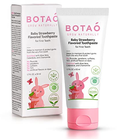 BOTAO Fluoride Free Baby Toothpaste | Strawberry Flavored - Organic Training Natural Toddler Toothpaste for Toddlers | EWG Verified, Vegan, SLS Free, Safe to Swallow, Aloe Vera -1.7Oz