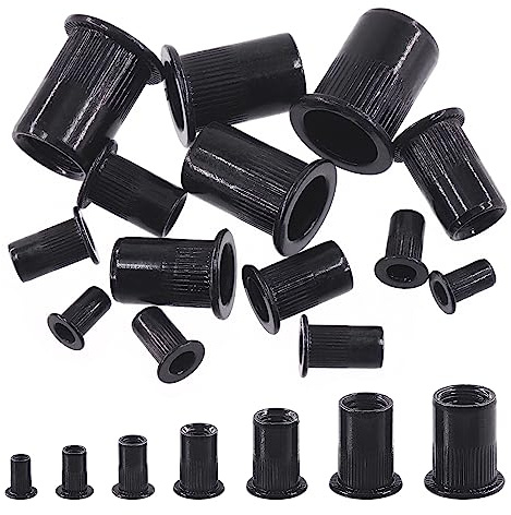 Swpeet Juego de 100 tuercas de remache de acero al carbono, kits métricos M4 de tuercas remachadas, kit de tuercas de remache de acero al carbono chapado en zinc negro, kit de tuercas de inserción
