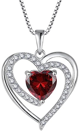 FJ Love Heart Necklace for Women 925 Sterling Silver Garnet Pendant January Birthstone Jewellery