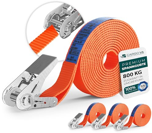 CargoVA® Robuste 800kg Spanngurte [4er Set] - TÜV/GS Zertifiziert & DIN - Vielseitig Einsetzbar - 25mm Breite - Ideal für Professionelle Anwendungen [4M]