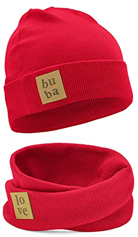Bubalove Kindermütze Herbst/Winter + Schornstein Set für Mädchen, Jungen, Baby Mütze, Handmade Kopfbedeckung, DIY Schal und Mützenset für Kinder, Rot 2-4 Jahre