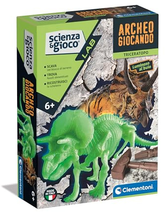 Clementoni - Dinosauri per Bambini, Scienza Lab Archeogiocando Triceratopo, Gioco con Kit Fossili da Scavare e Assemblare, Esperimenti Scientifici, Regalo Bambini 7 Anni, Made in Italy, 19226