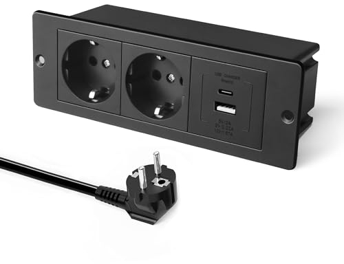 JACEPFY Einbausteckdose Tischsteckdose PD20W Schnellladen 2-Fach Versenkte Steckdose mit USB A und USB C Mehrfachsteckdose für Möbel Tischplatte Schreibtisch, schwarz