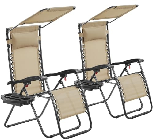 Yaheetch Outdoor Zero Gravity Sun Lounger Foldable Recliner Adjustable Patio Garden Chair w/Canopy, Cup Holder, Carry Strap for Beach Deck Camping Beige/2