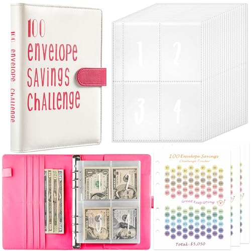 Drawelry A5 Budget Planner mit 100 Binder Taschen Sparchallenge Bugetplaner Ringbuchordner Finanzplaner Haushaltsbuch Geld Organizer Sparen Mappe Cash Stuffing Startset Sparbuch Geschenke (Rosarot)