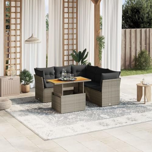 Gecheer 5-TLG.Garten-Sofagarnitur mit Kissen Polyrattan Gartenmöbel Set Gartengarnitur Garten-Set Sitzgruppe Loungeset Loungemöbel mit Tisch Kissen 3 x Ecksofa,1 x Mittelsofa,7 x Rückenkissen Grau