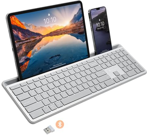 Teclado Bluetooth X9 de tamaño completo con soporte para teléfono, elegante, retroiluminado y recargable, teclado inalámbrico multidispositivo con Copilot AI para un flujo de trabajo sin esfuerzo,