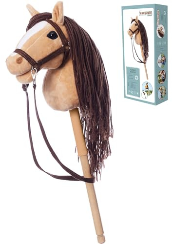HOPPIHORSE Steckenpferd mit Trense - A4 - Hobby Horse mit Zügeln, Schultergurt, Schweif - hochwertiges Plüsch mit Langer Mähne - Silikongriff für besseren Halt - mit Geschenkverpackung