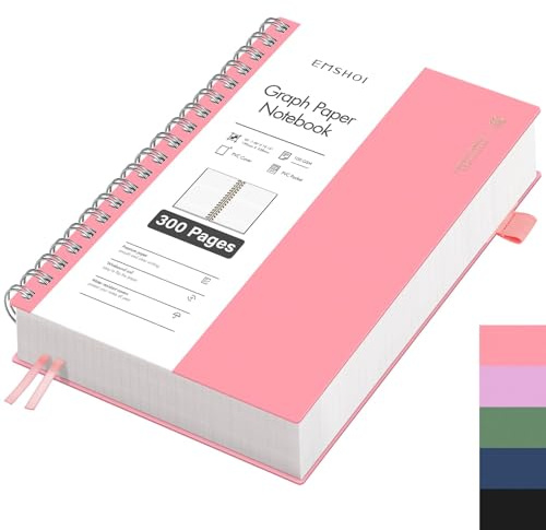 EMSHOI Taccuino B5 a quadretti, blocco notes a spirale con 300 pagine / 150 fogli, carta a quadretti da 100 g/m² per scrivere, copertina rigida in PVC, taccuini per scuola, lavoro, disegno, viaggio