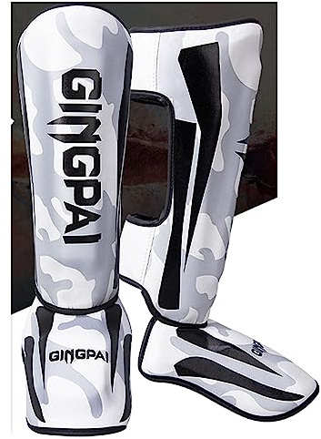 Schienbeinschoner für Muay Thai Schienbeinschoner für Kickboxen, Muay Thai, reißfestes PU-Leder, MMA-Bein-Rist-Schutzpolster, Sparring-Training, Kampfsport, Boxen, elastischer-Camouflage white||M