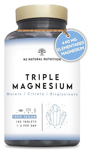 Triple Magnesium Glycinate 3-in-1 (6 Months) 2640 mg Magnesium, Synergistic Complex with Malate, Citrate, Bisglycinate for Sleep, Energy, Muscles and Bones. 180 Tablets. N2 Natural Nutrition