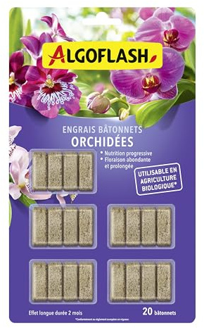 Algoflash - Palitos de fertilizante para orquídeas, apto para agricultura ecológica, 20 palos