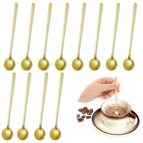 12 cucharas de café, cucharas agitadoras, cucharas de té de mango largo, cucharaditas, cucharas de té helado, cucharas largas de acero inoxidable para café y té (oro, 13,5 cm)