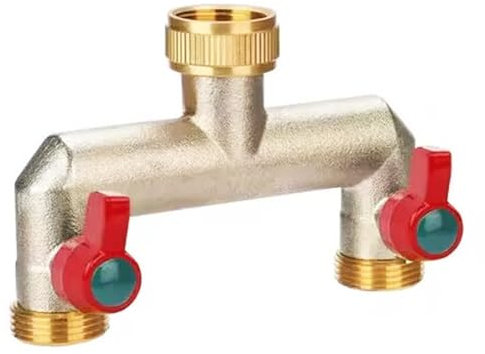 2 Wege Wasseranschluss Verteiler - 3/4 Zoll Wasserverteiler, 2 Wege aus vernickeltem Messing mit Kugelhähnen, T Stück Wasseranschluss Regulier und Absperrbar, Wasserhahn Gartenschlauch Adapter