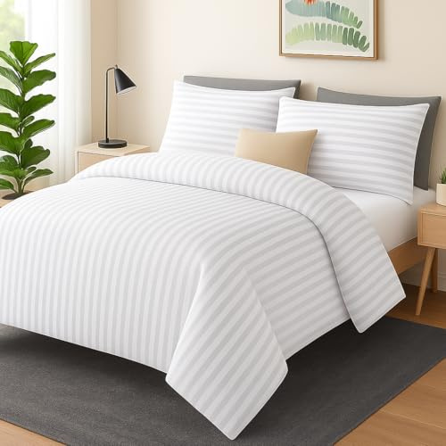 MIA we dress your home Luxury King Duvet Cover Set - Hotel Quality Satin Stripe White Bedding Set Comforter Quilt Cover With 2 Pillowcases (White, King)