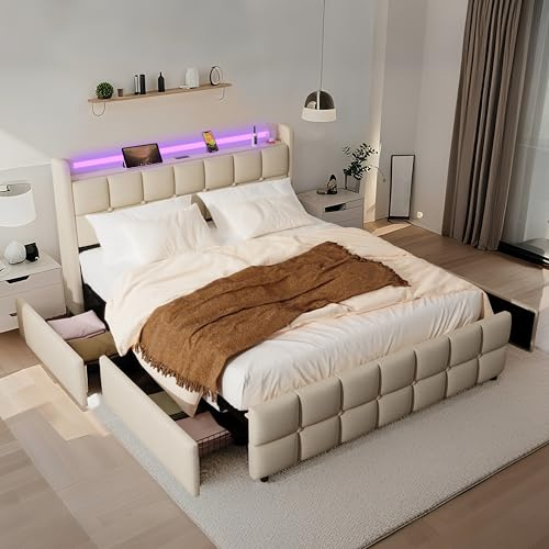 XMETPR Lit Double rembourré 160x200 cm, avec 4 tiroirs et éclairage LED et 2 USB et 2 Stations de Charge AC, Lattes de Bois, lit en Lin, lit Plateau, sans Bruit, Beige