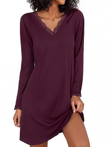 Demegimi Chemise de Nuit Femme Coton à Manches Longues Nuisette Élégante avec Dentelle et Col en V Vêtements de Nuit Chauds pour Automne Hiver,Pourpre Foncé,L