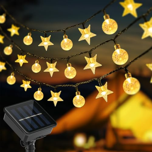 vsshe Guirnaldas Luces Exterior Solares, 12M 100 Calido Estrella y Esfera LED Guirnaldas Luces Solar, 8 Modos Función Memoria, IP65 Impermeable para Decorar Jardines, Terrazas, Fiestas, Navidad（12M）