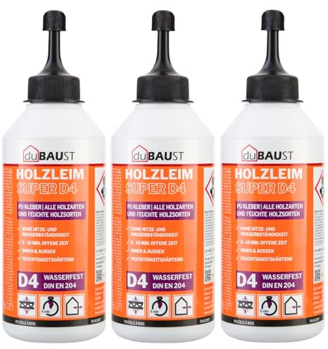 dubaust WOP24 PU Holzleim Polyurethan-Holzklebstoff, hervorragende Feuchtigkeitsbeständigkeit D4, für Hart- und Weichhölzer, schleifbar und überstreichbar, 500g Flasche (3)