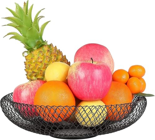 Obstschale Schwarz Obstkorb Drahtgeflecht Obstschale Ø 33 X H 10 cm Große Dekorative Schale Drahtkorb Moderne Obstschale Doppelwandiger Metallkorb Für Obst, Gemüseaufbewahrung, Kü, XL