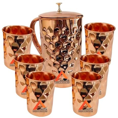 Pure Copper Water Jug with Brass Knob Top 1.5 Litre (1500 ml) + 4 Tumbler (300 ml) Diamond Cut Ayurveda Health Benefits Pitcher Set of 7